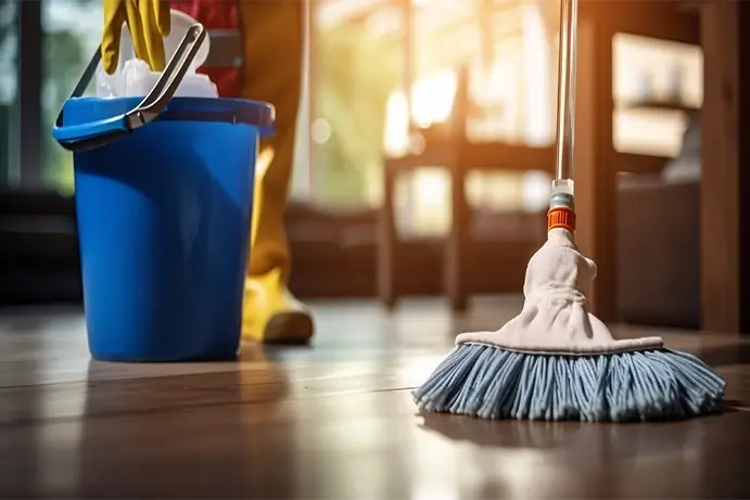 Une personne nettoie le sol en bois avec un balai et un seau.